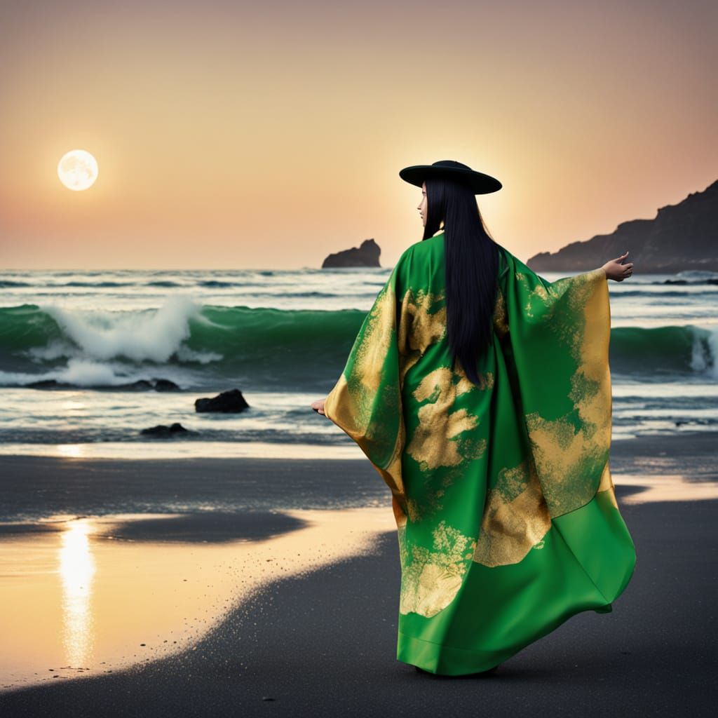 Japanese Witch on Black Sand Beach in Hyperrealism