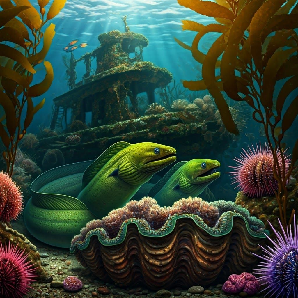 Surreal Underwater Scene with Giant Eels, Sea Urchins, and S...