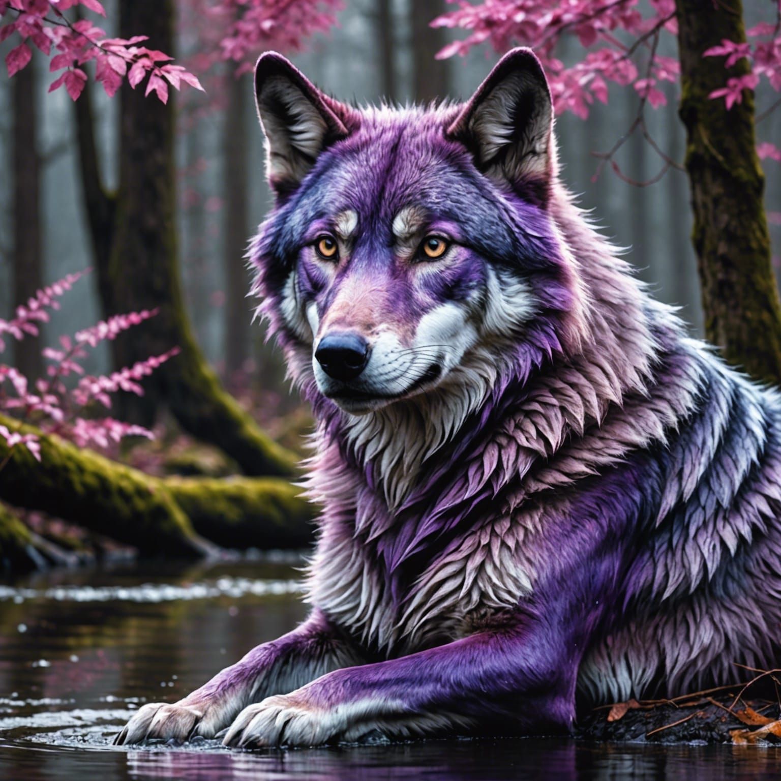 Watercolor Purple Wolf with Pink Eyes