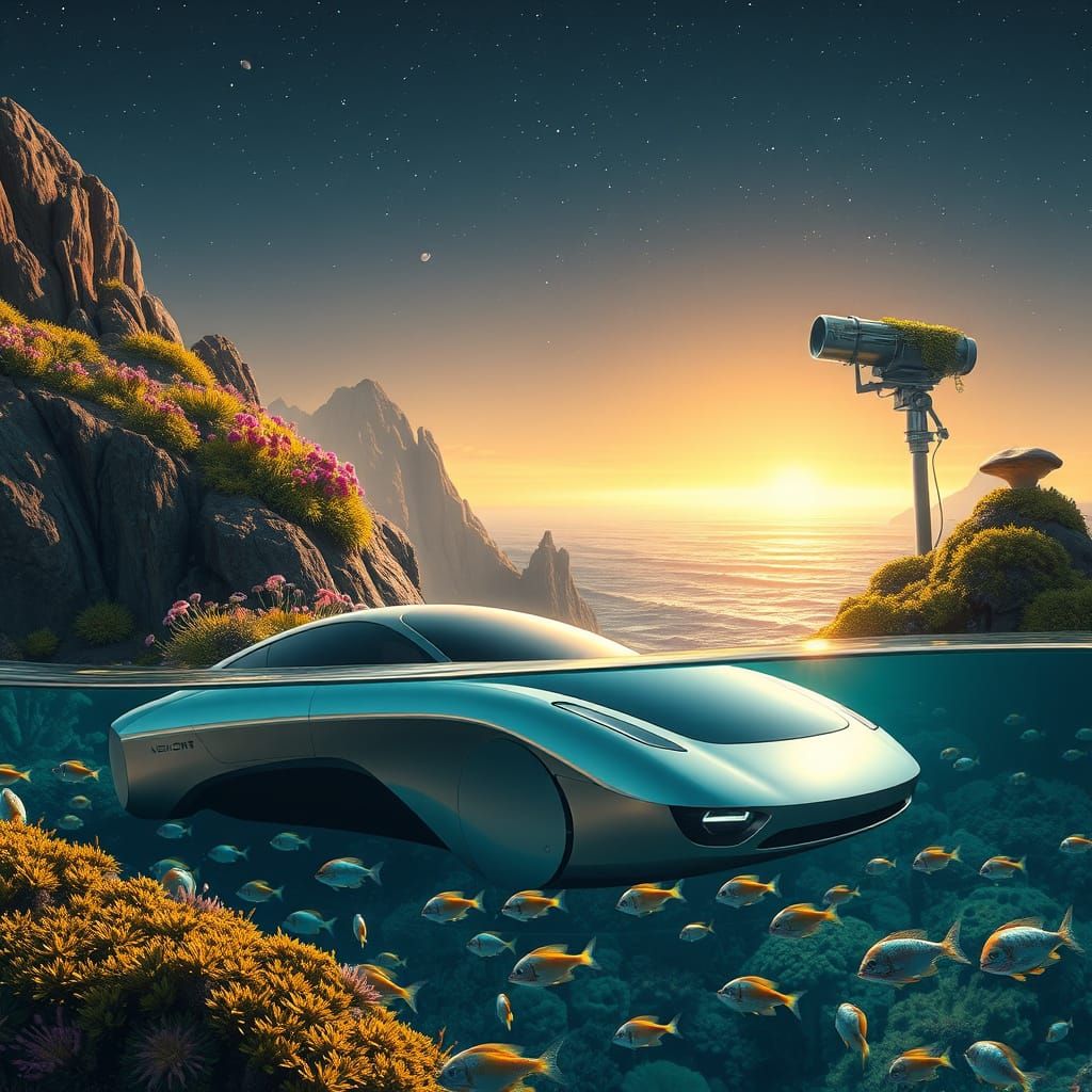 Futuristic Car & VR Submerged in Coral Reef