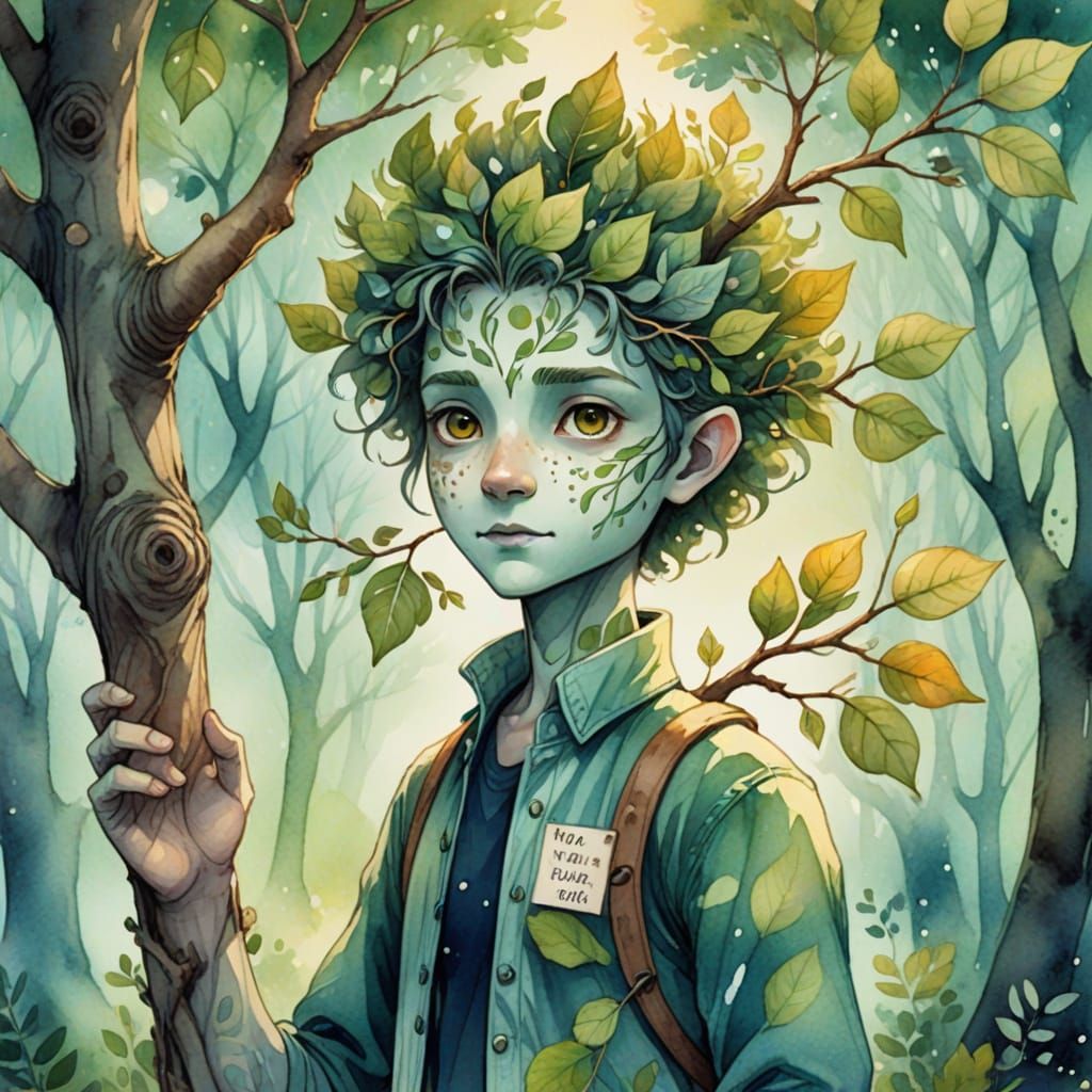 Humanoid with Branch Arm in Watercolor Style