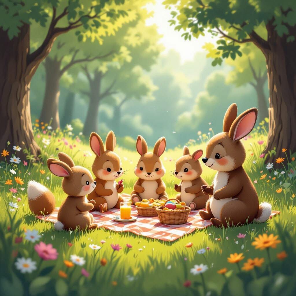 Woodland Creatures Picnic in 70s Folk Art Style