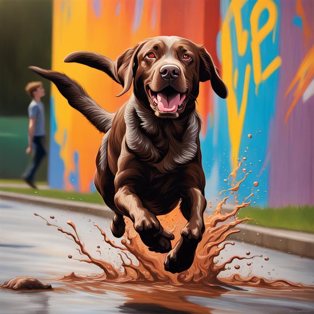 Labrador Dog Chasing Boy: Hyperrealistic Splash Art