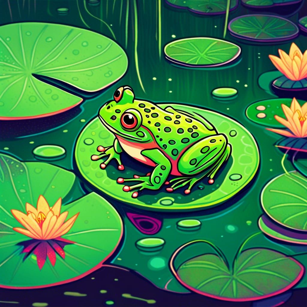 Frog on Lily Pad: Fairycore Cyberpunk Disney Illustration