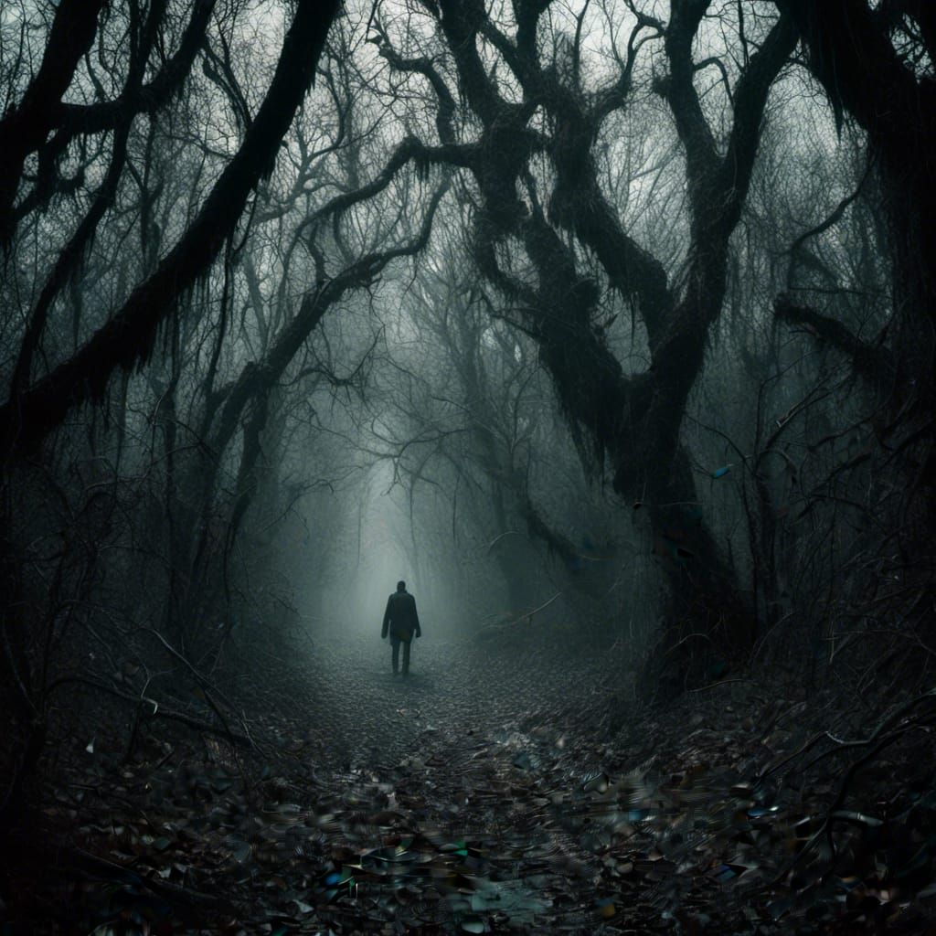 Macabre Shadowed Figure in Dark Creepy Woods