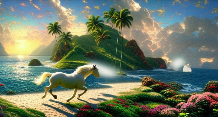 White Horse Runs on Black Sand Beach