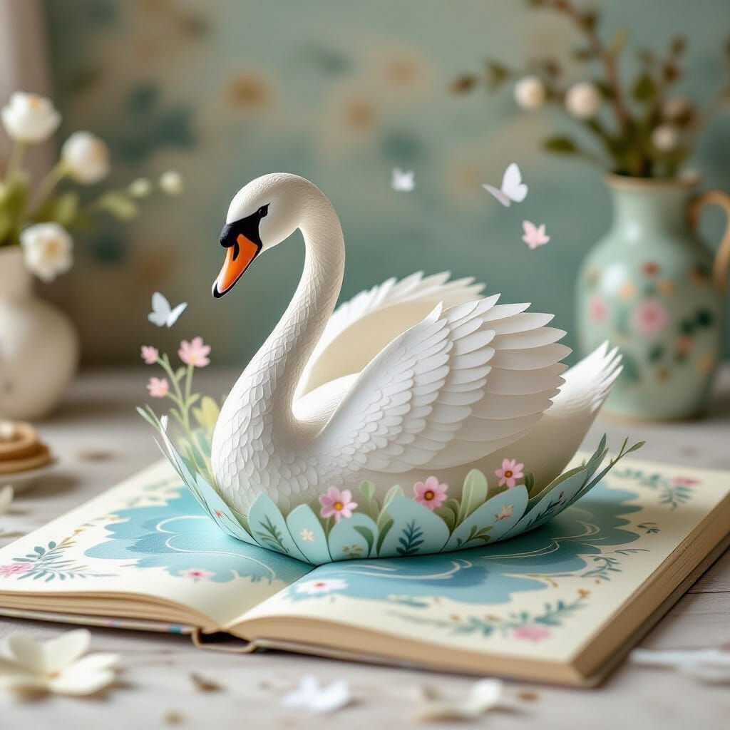 Swan Emerging from Pop-up Book in Watercolor Style