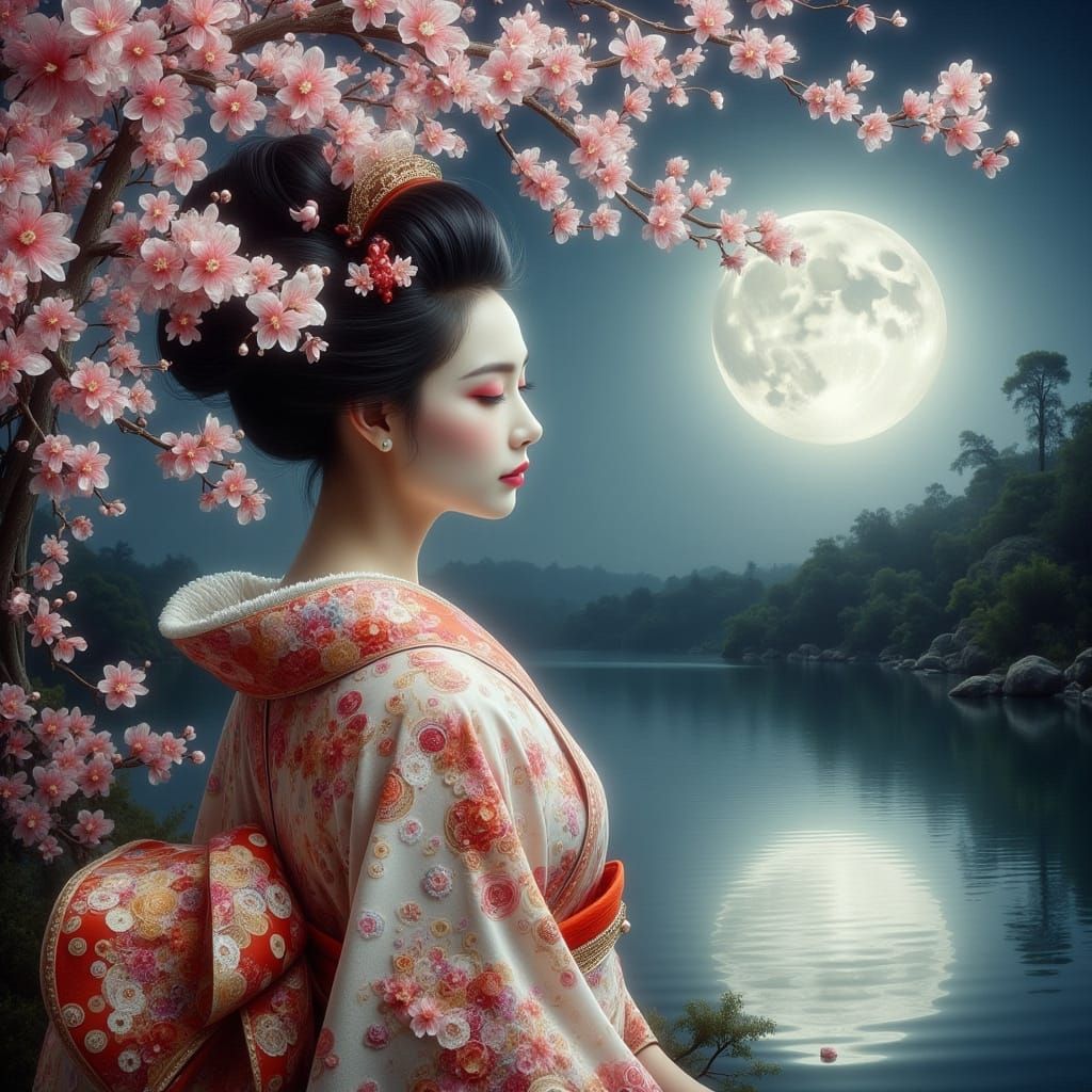 Geisha in Kimono by Lake Under Moonlight