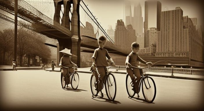 Vintage Sepia Photo: Boys Biking by Brooklyn Bridge