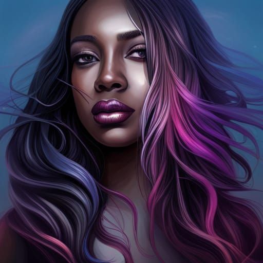 Hyperrealistic Portrait: Black Girl with Purple Hair