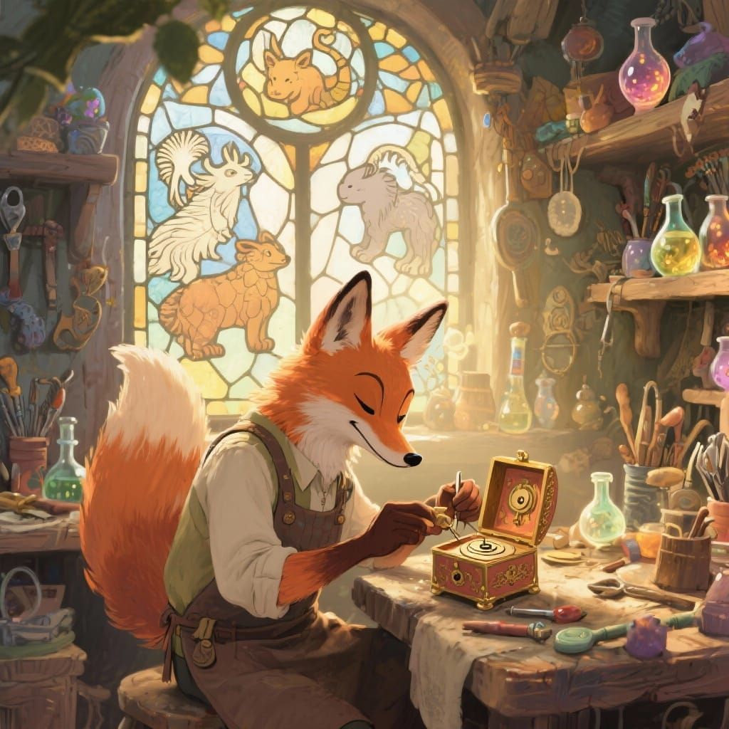 Whimsical Fox Artisan Crafting Music Box in Storybook Style