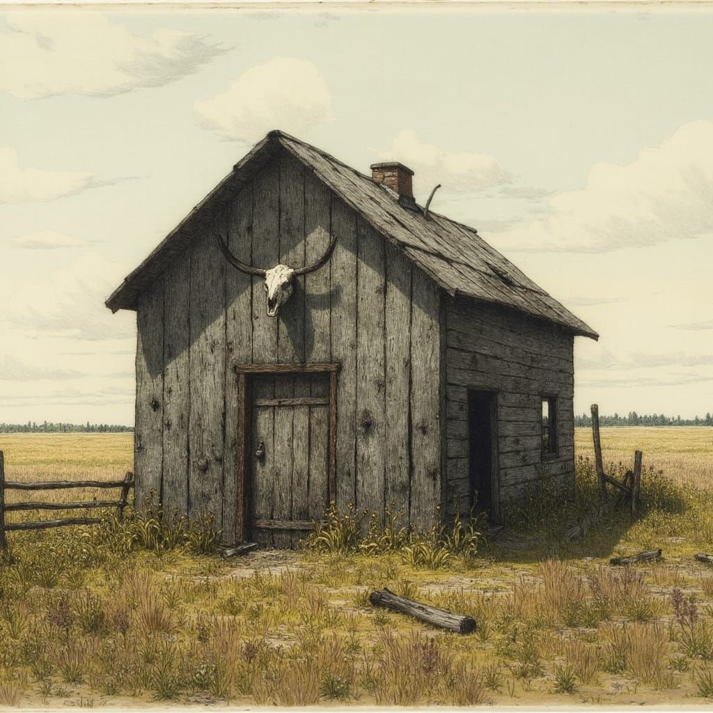 Weathered House in Field: Haunting Rural Landscape