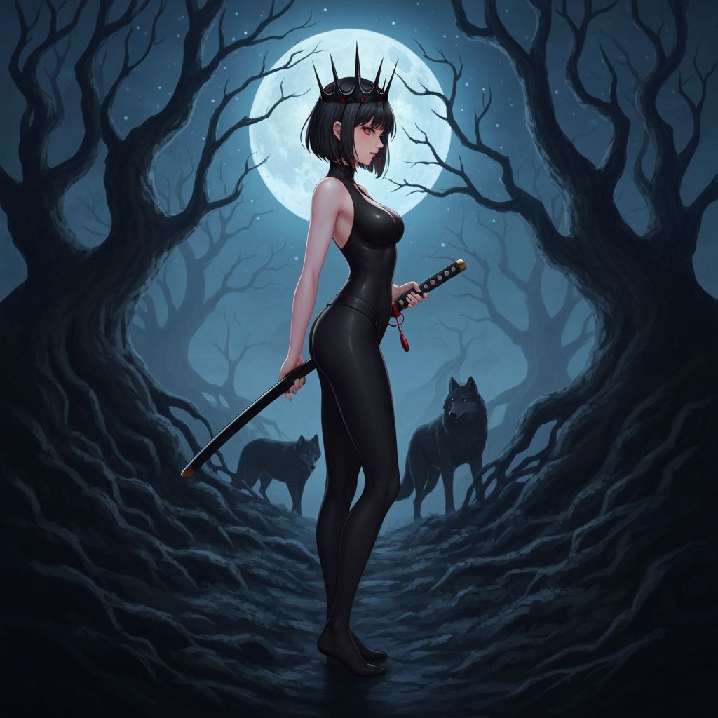 Anime Evil Queen with Katana in Dark Forest