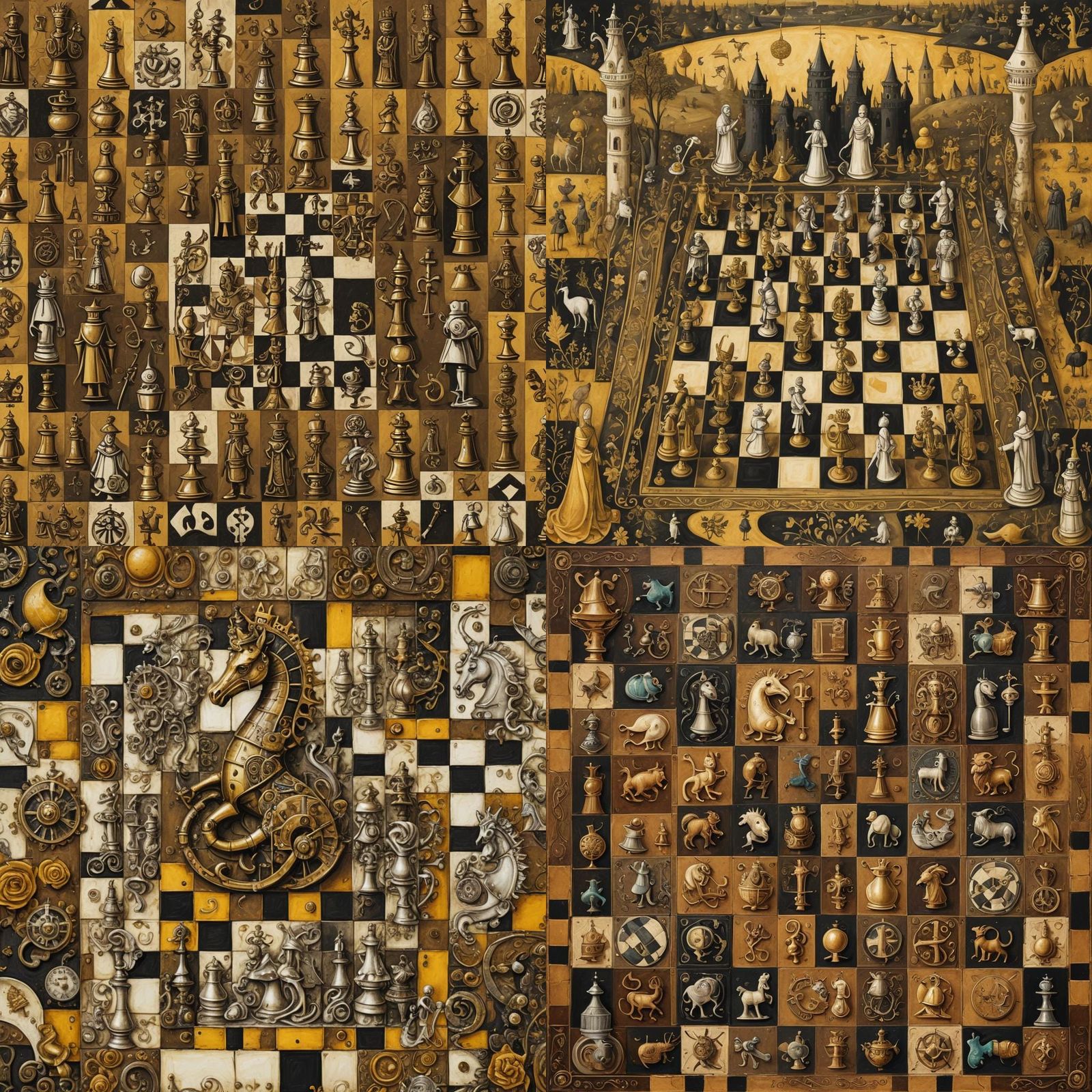 Surrealist Chessboard with Medieval Whimsy and Steampunk Det...