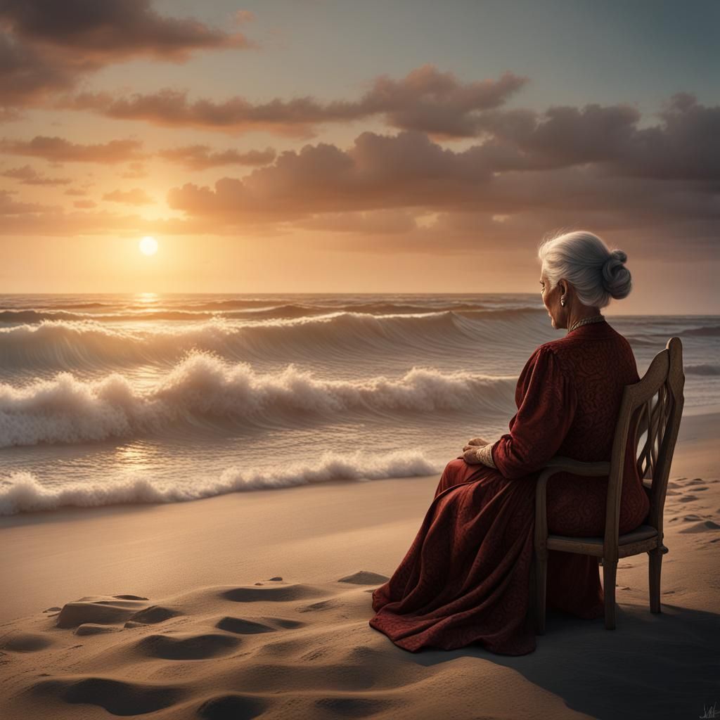 Old Spanish Lady Watching Sunrise: Fantasy Art