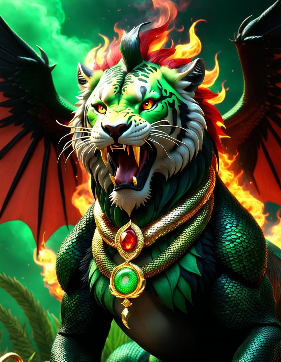 Fiery Snake-Lion Hybrid with Lightning Eyes
