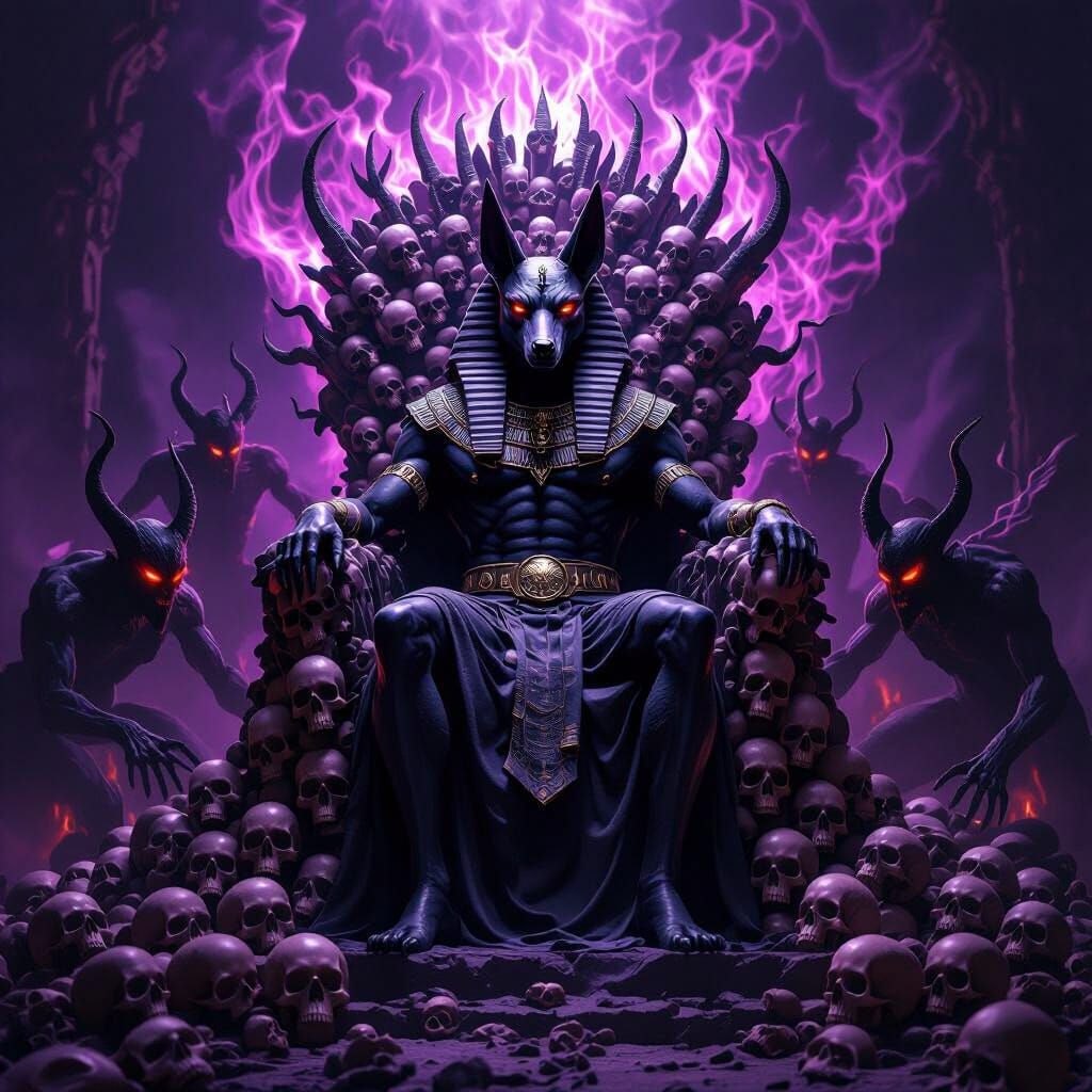 Anubis Enthroned Amidst Skulls and Demons in Purple Flames