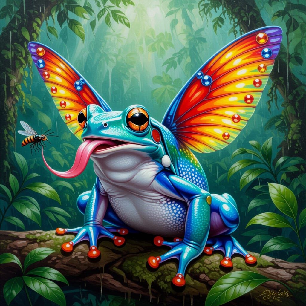 Bejeweled Winged Frog in Rainforest Oil Painting