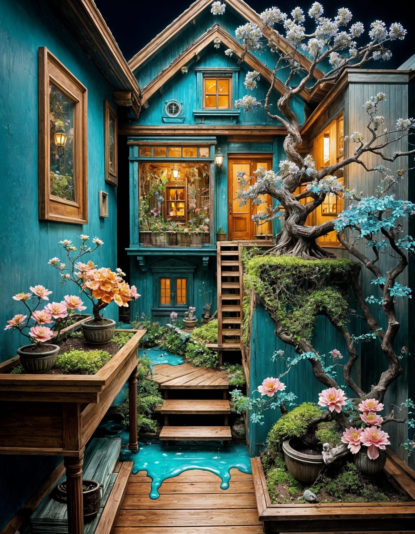 Victorian Fairy House Bonsai: Hyperdetailed Splash Art