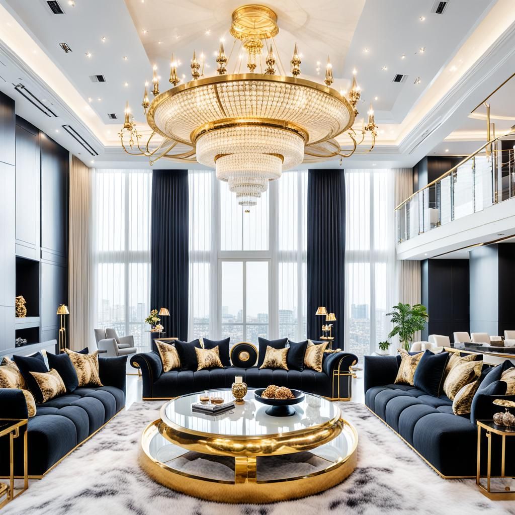 Luxurious Three-Story Living Room with Art Chandelier