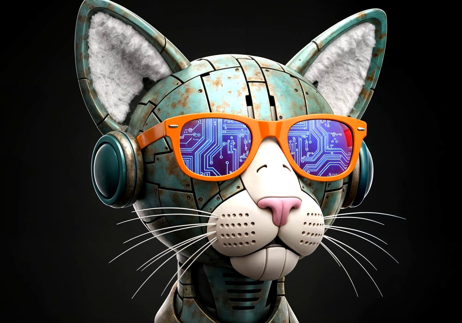 Cyberpunk Robotic Cat Head with Retro Sunglasses