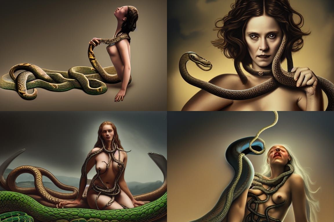 Unclad woman with a snake around her neck, by Jan Tengnagel, art nouveau, still from loki, connected to nature via vines...