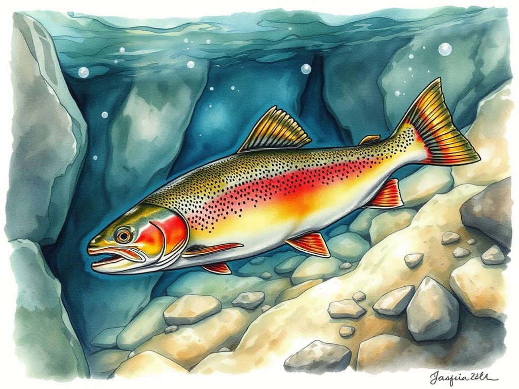 Realistic Trout in Aquatic Watercolor Wonderland