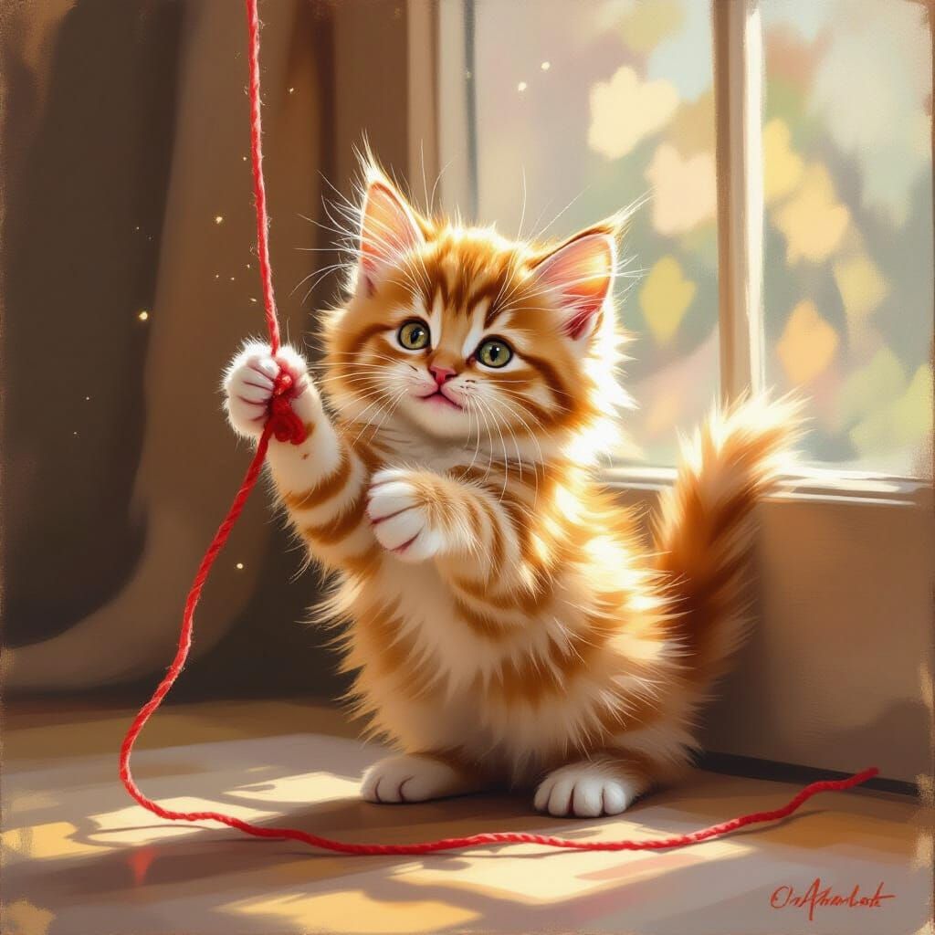 Fluffy Ginger Kitten Pounces on Red Yarn String