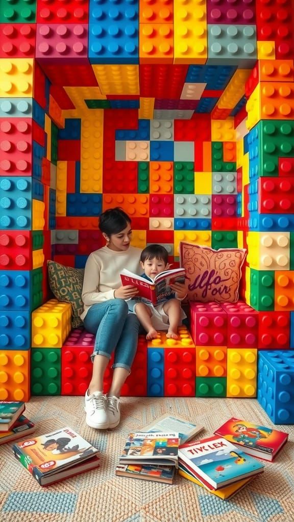 A cozy reading nook constructed from oversized, colorful Leg...