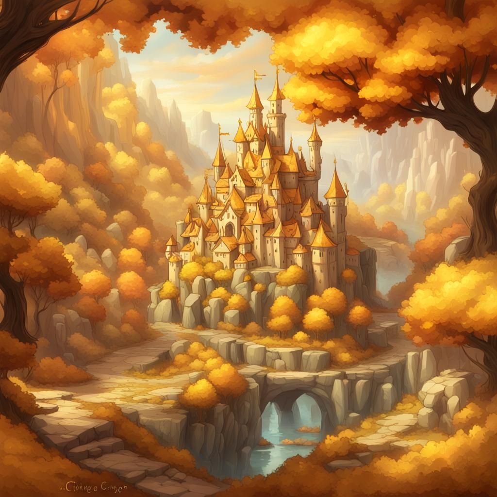 Golden Citrine Kingdom in Autumn: Fantasy Art