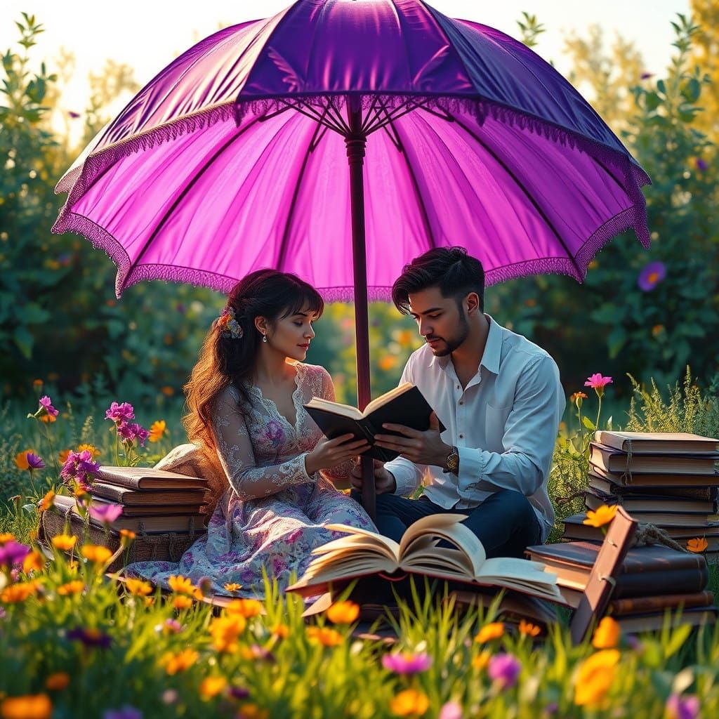 Dreamy Whimsical Couple Under Vibrant Violet Umbrella