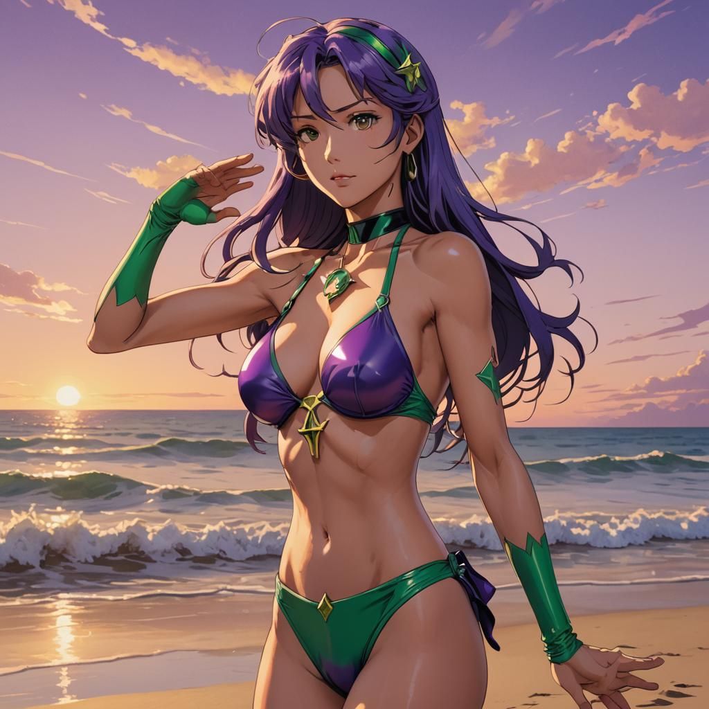 Misato Katsuragi de Evangelion, en la playa con bikini violeta y verde látex, tiene un colgante con una cruz al cuello. ...