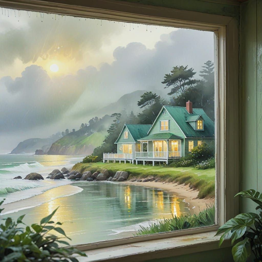 Rainy Day at Beach Cottage in Watercolor Style