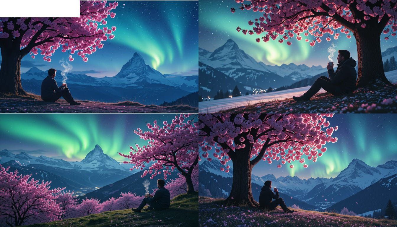 Man Enjoys Coffee Under Cherry Blossoms Beneath Aurora Over ...