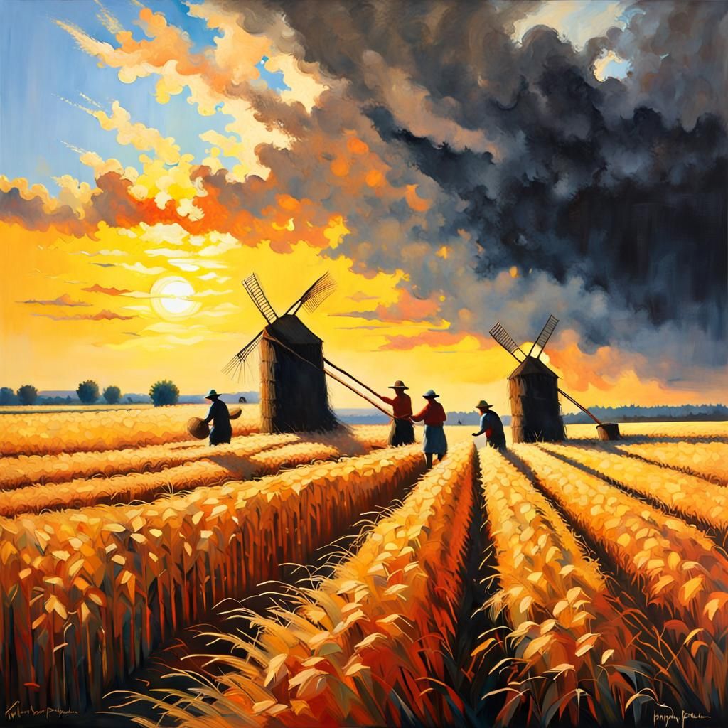 Peasants Harvesting Wheat: Acrylic Art in Golden Hour