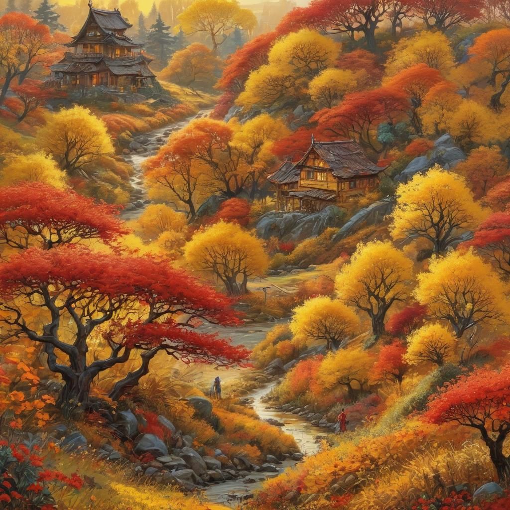 Bright Autumn Landscape in Fantasy Art Style