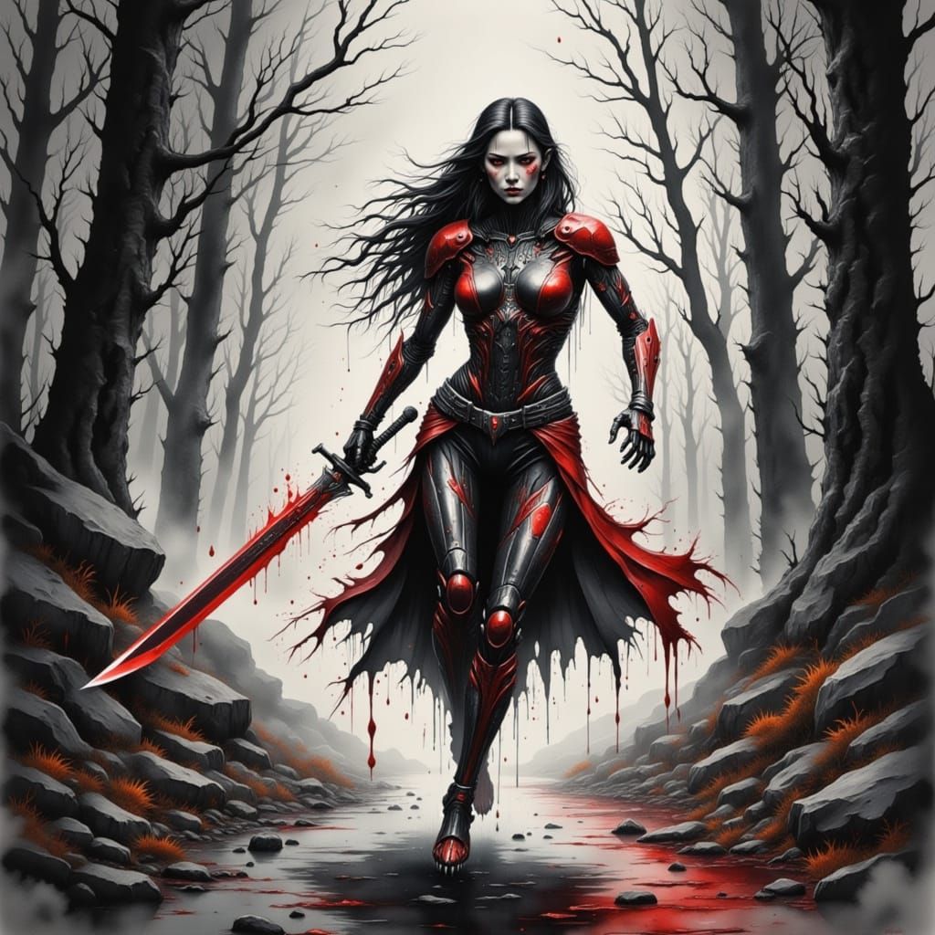 Cyborg Elven Warrior in a Fiery Red Watercolor Style