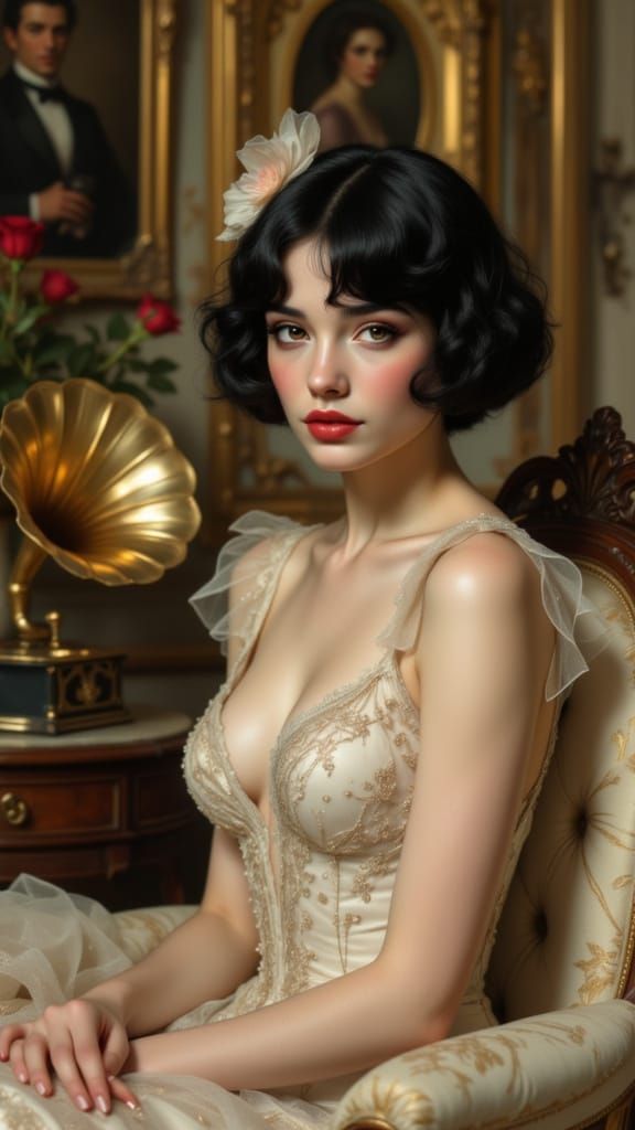 1920s Flapper Woman Listening to Gramophone in Grand Interio...