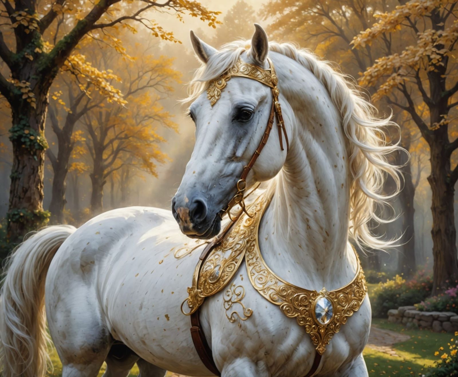 Majestic White Arabian Stallion in Golden Majesty