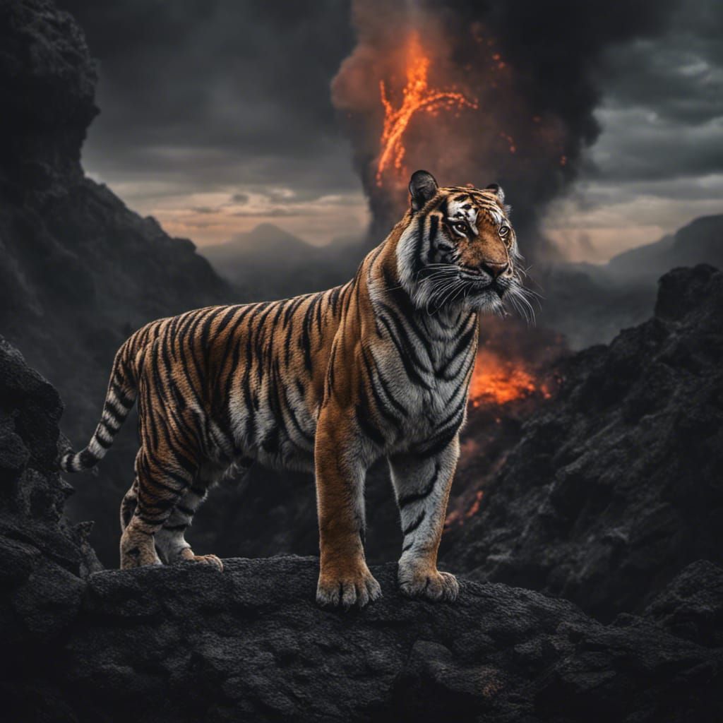 Hyperrealistic Volcanic Tiger in Cinematic Darkness