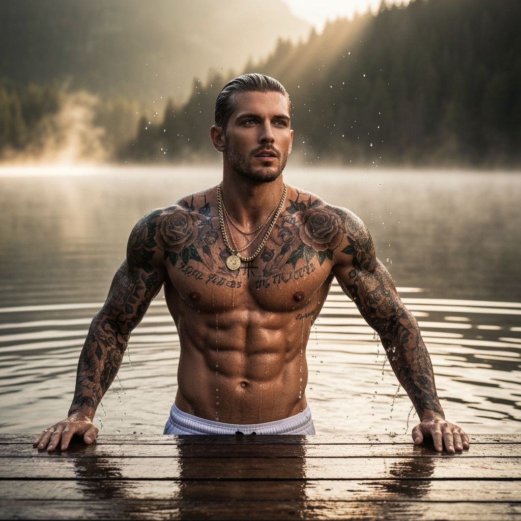 Muscular Man Emerges From Mountain Lake at Dawn