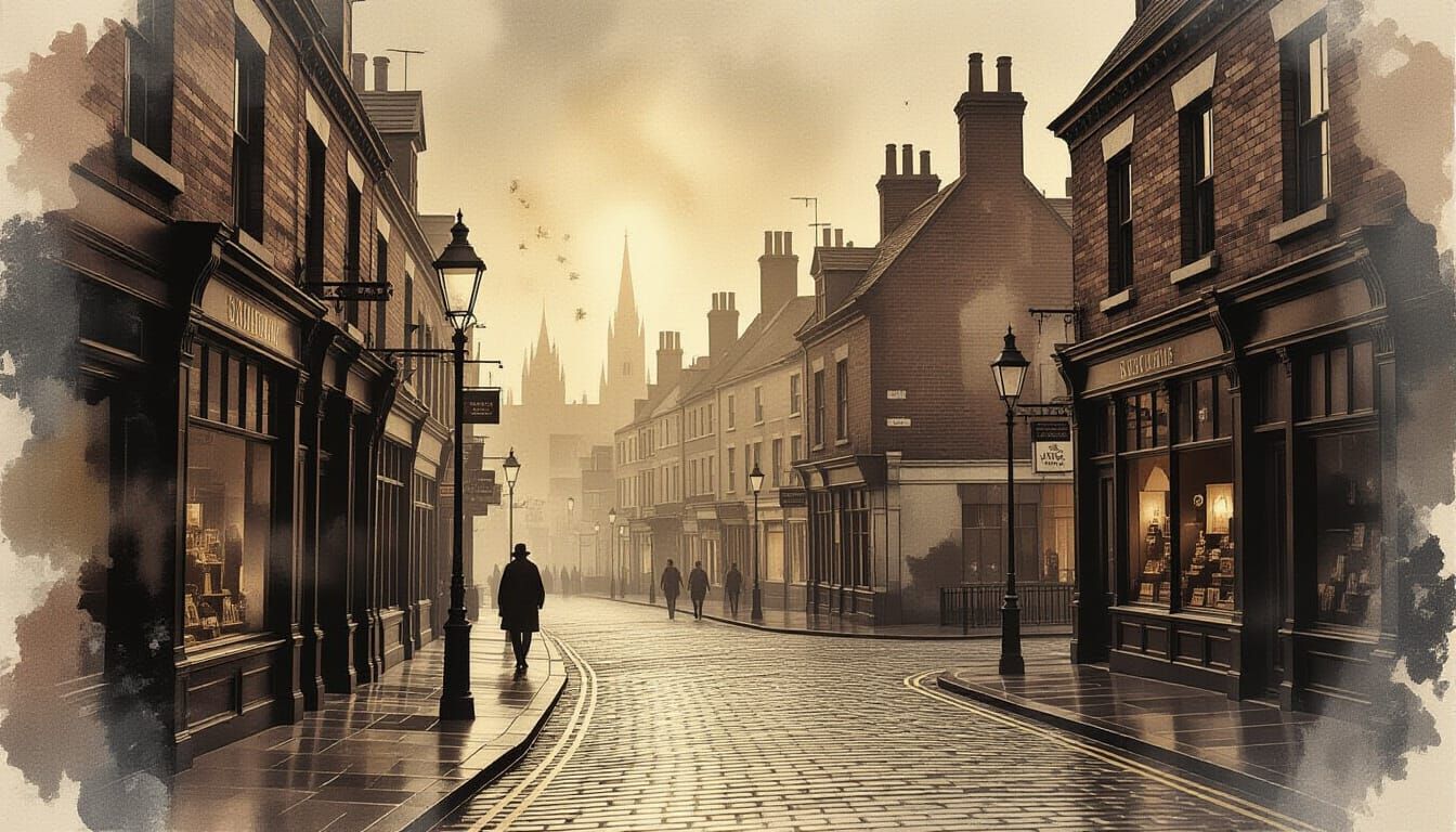 Sepia Victorian Street in Grunge Watercolor Style