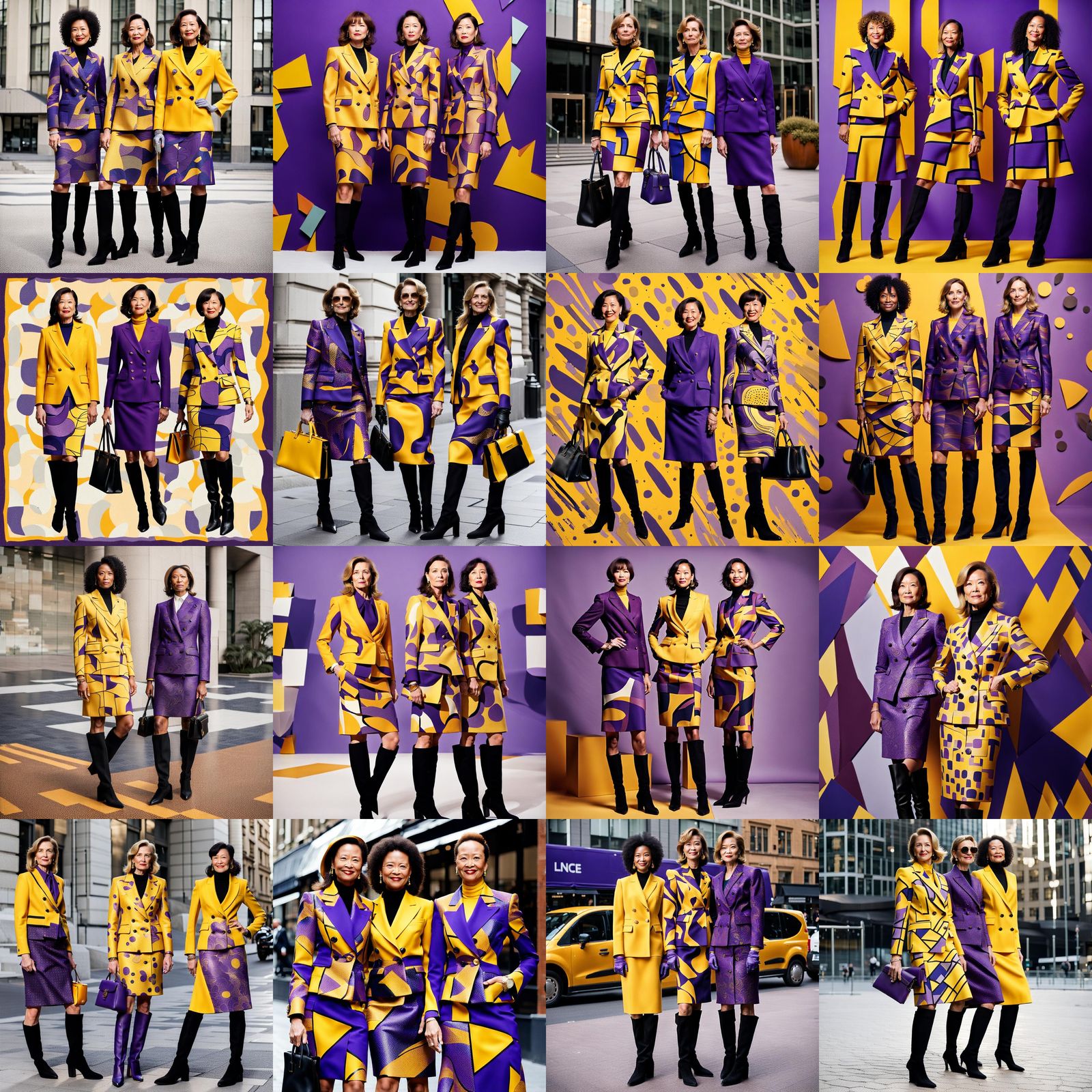 Businesswomen in Abstract Yellow Purple Skirt Suits