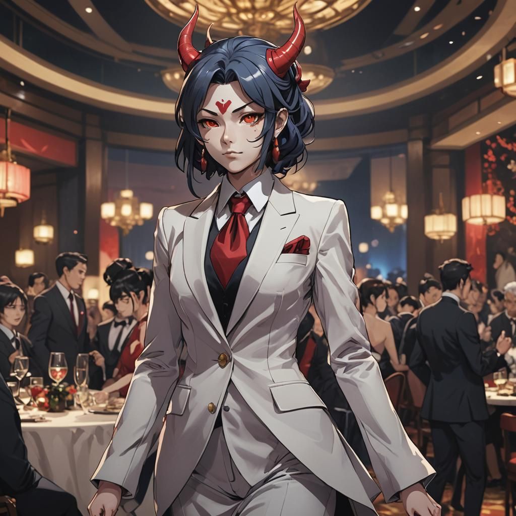 A female oni attending a ball in a dashing suit.