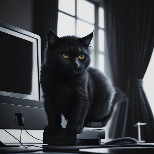 Fluffy Black Cat on Computer, Hyperrealistic Image