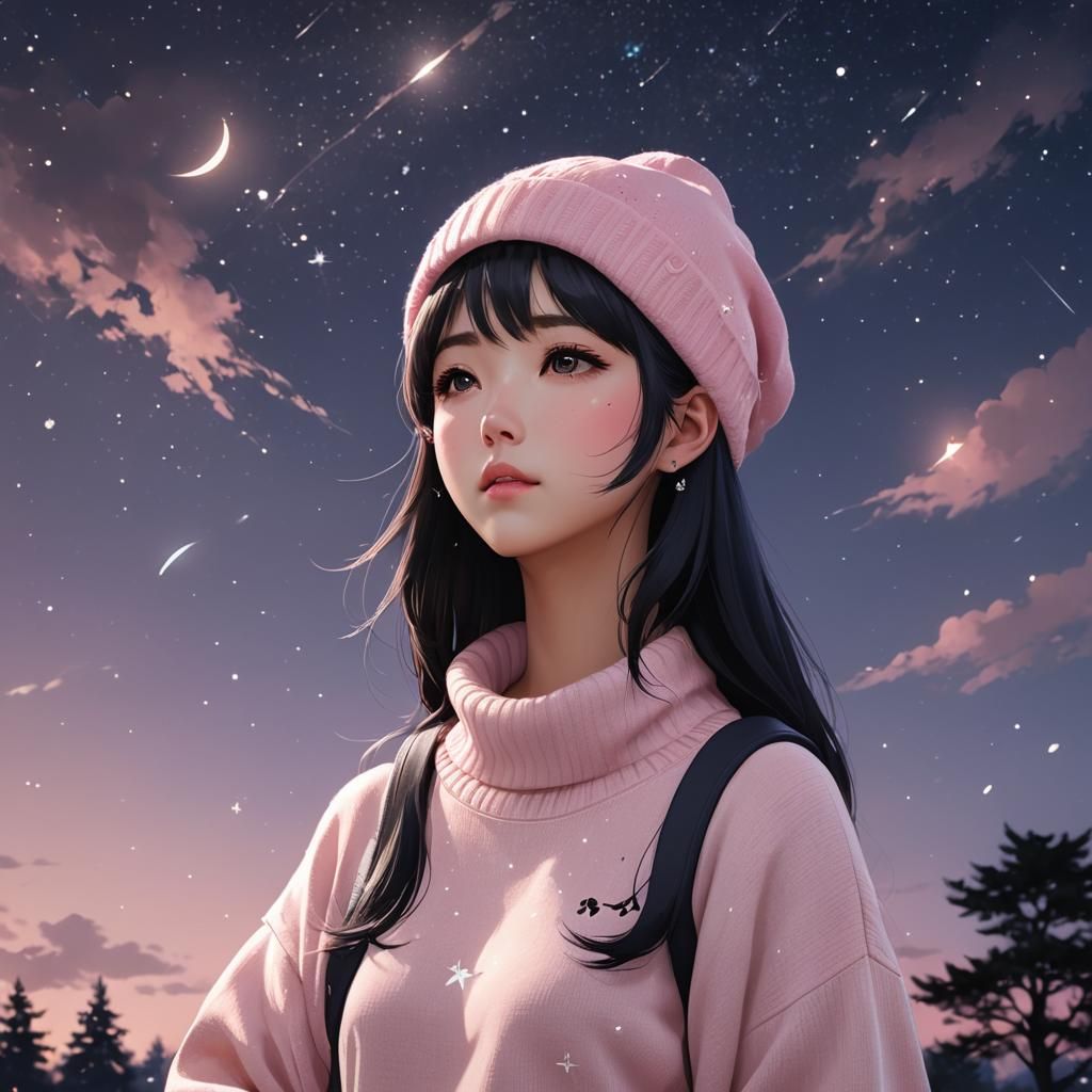 Heartbroken Girl Under Starry Sky, Anime Portrait