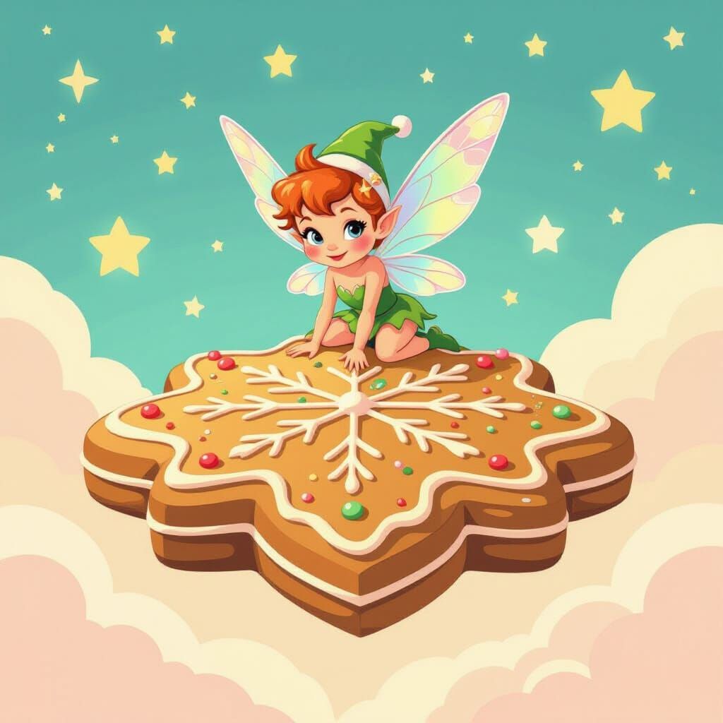 Mischievous Sprite on a Giant Christmas Cookie in Pastel Sky