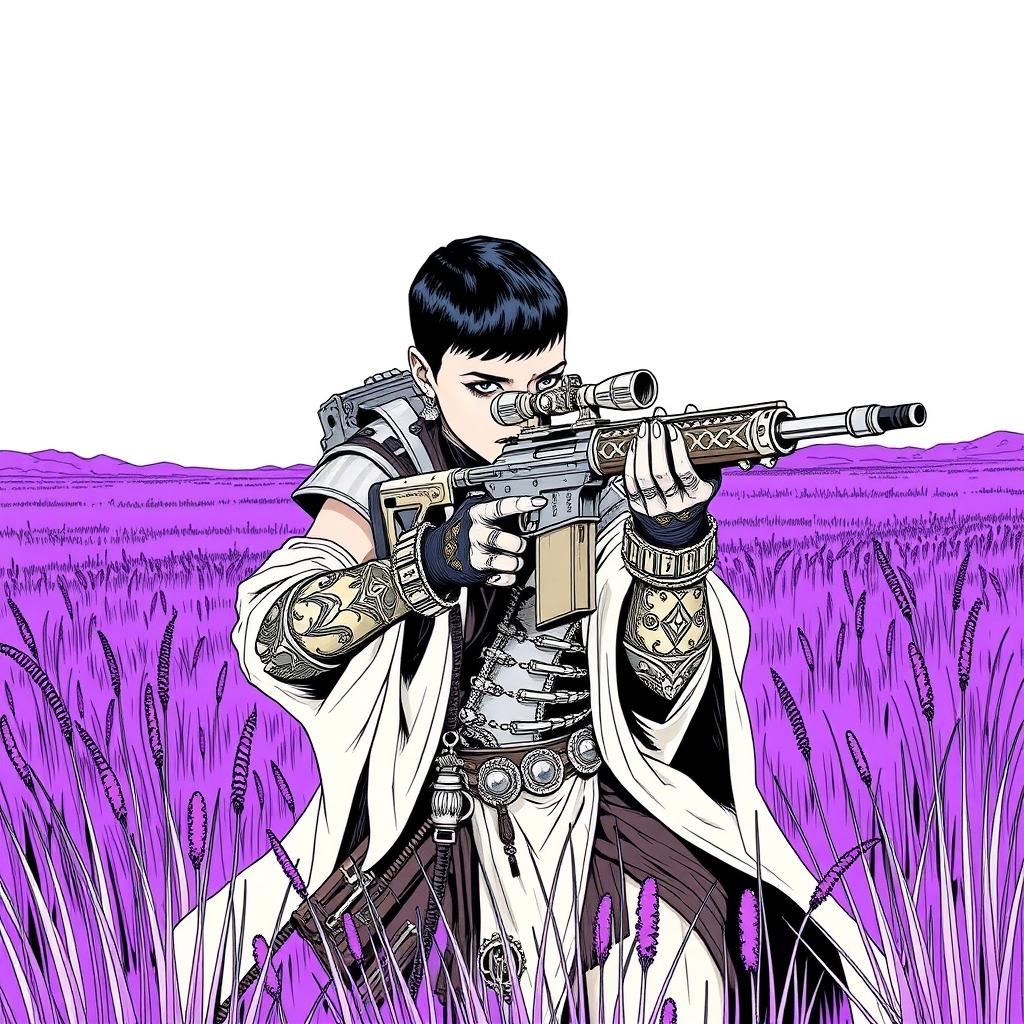 Ultraviolet Huntress Aims in Surreal Landscape