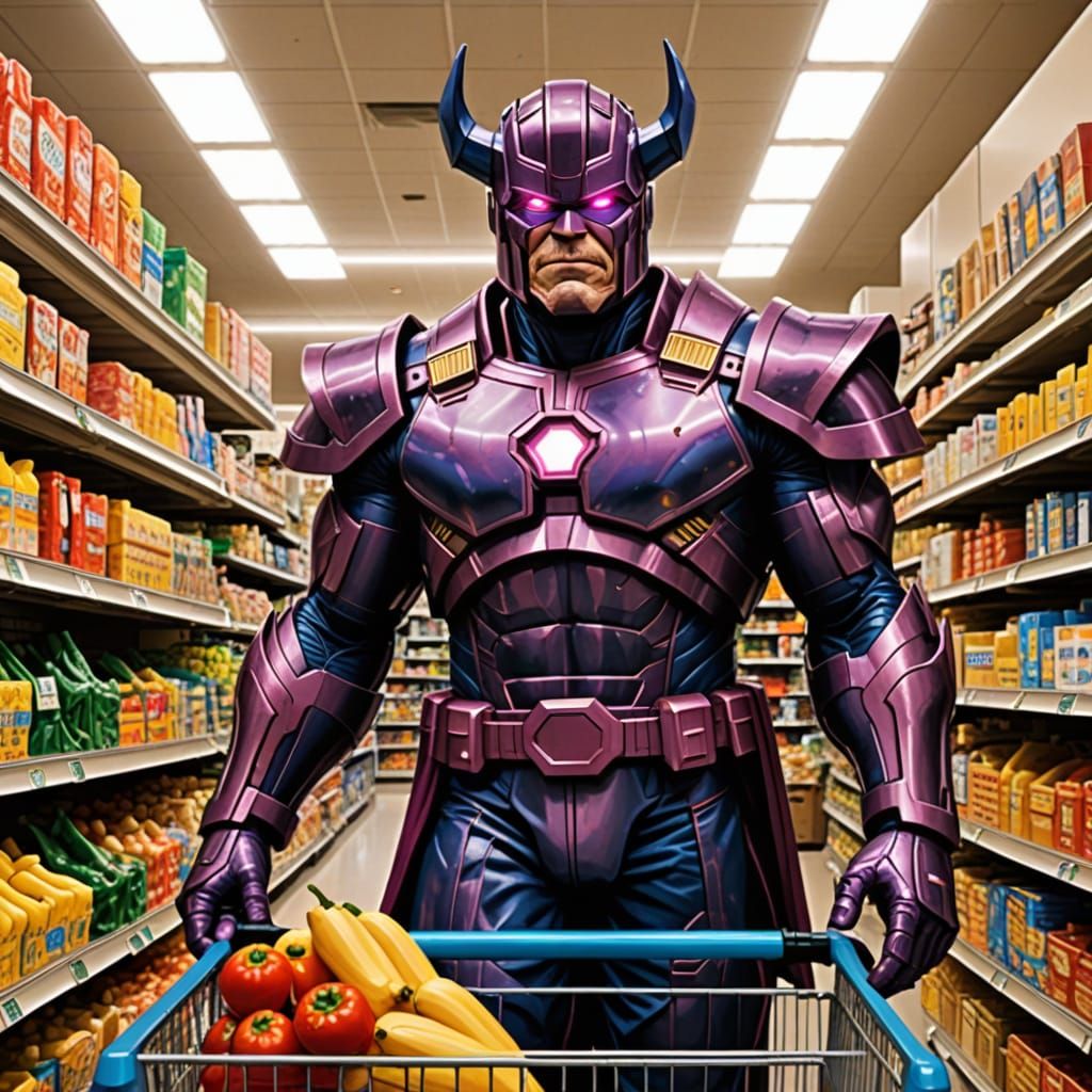 Cosmic Entity Shops American Supermarket in Futuristic Style