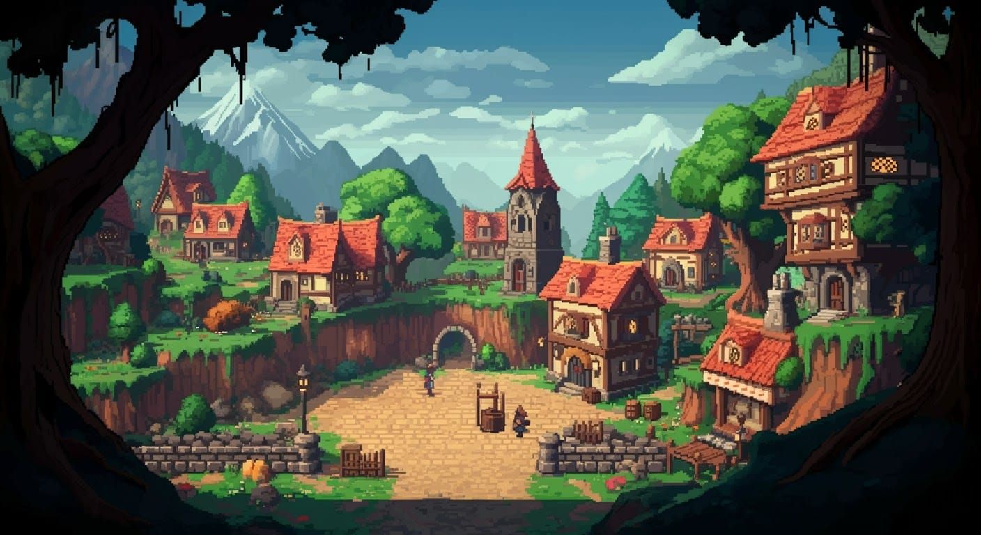 Fantasy JRPG Village in Vibrant Pixel Art